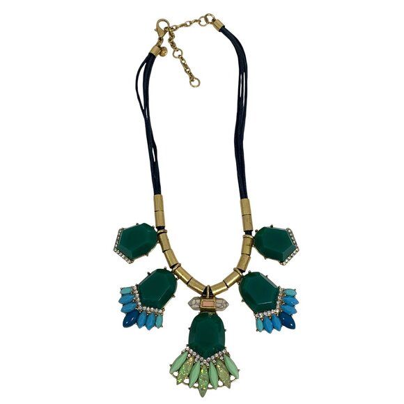 J.Crew Statement Bib Necklace Clear Rhinestone Green/Blue Lucite Crystal Choker - Picture 1 of 9